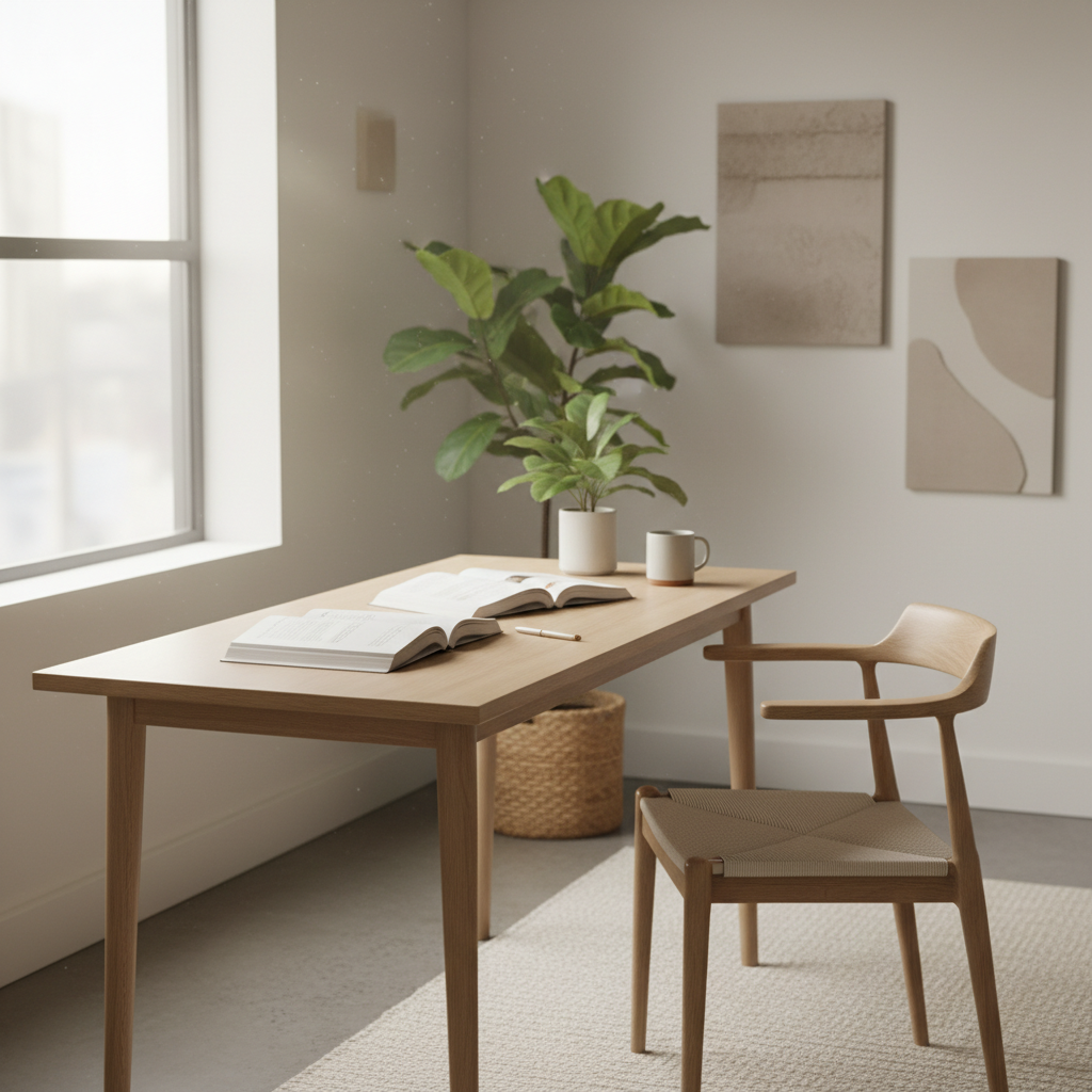 Espace de travail épuré avec livres ouverts, lumière naturelle douce, plantes vertes — atmosphère studieuse et sereine