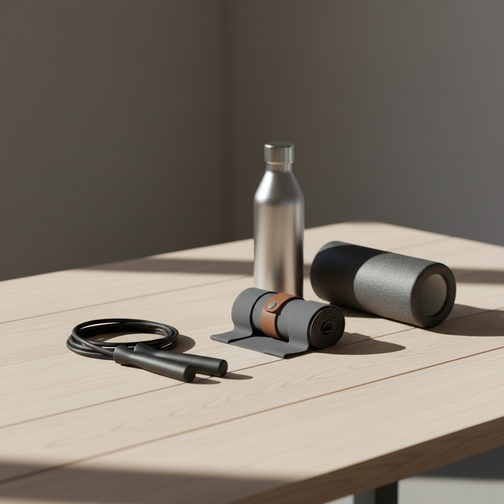 Équipement de sport minimaliste posé sur une surface en bois, lumière naturelle latérale, composition épurée