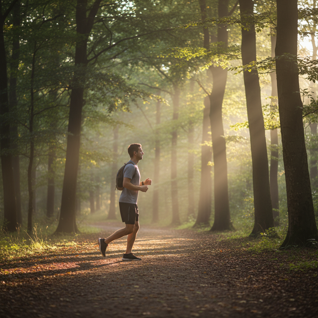 Homme effectuant une course légère dans un parc boisé, lumière du matin filtrée à travers les arbres, atmosphère sereine