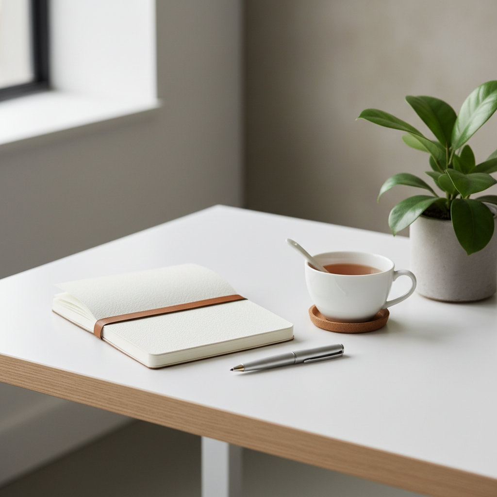 Bureau épuré avec carnet de notes, tasse de thé et plant vert — symbolisant l'organisation et la régularité