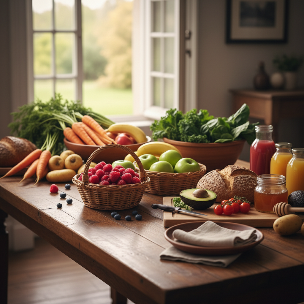 Table bien organisée avec des aliments naturels frais, lumière chaude de côté, texture de bois