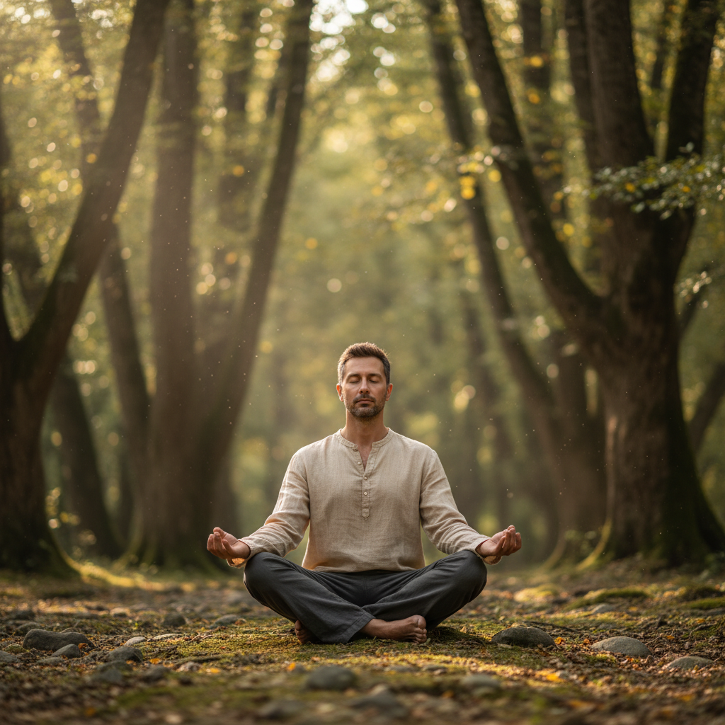 Homme assis en position méditative dans un espace naturel ouvert, fond de forêt floue, lumière douce et diffuse