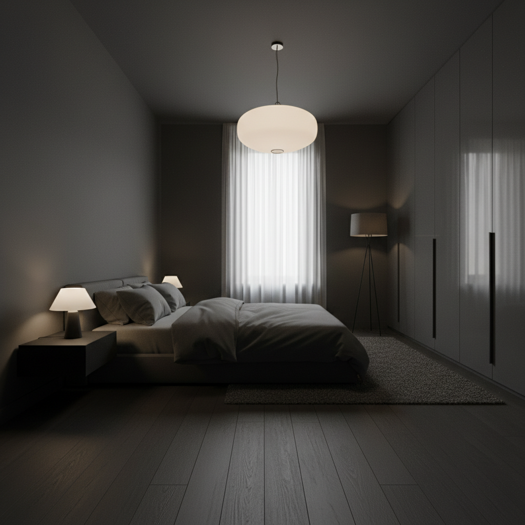 Chambre minimaliste sombre avec lumière douce d'une lampe de chevet, atmosphère de repos et de tranquillité